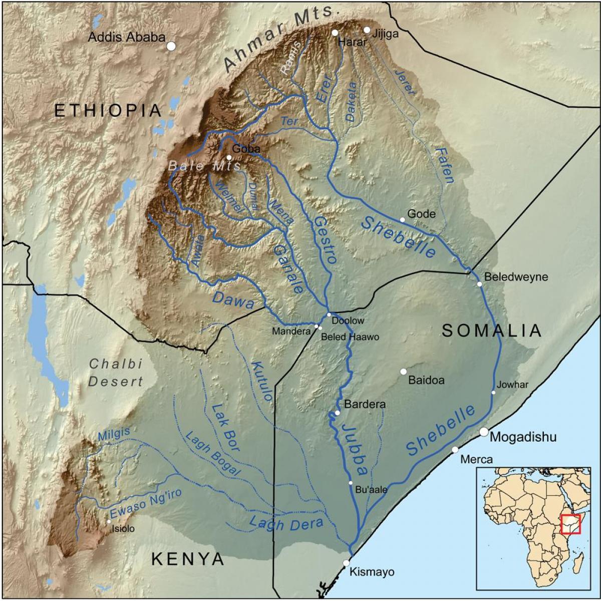 地図のエチオピアの河川