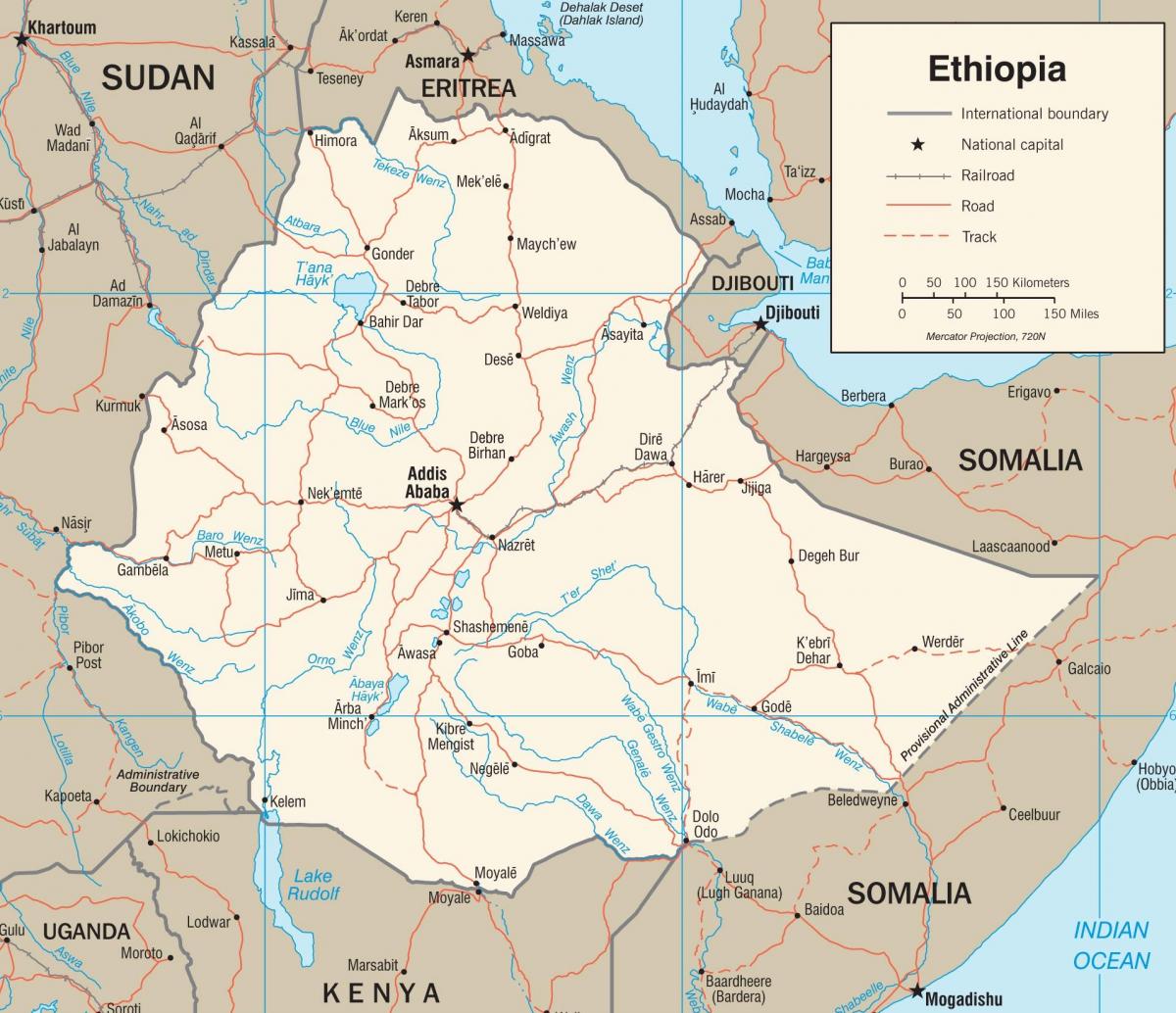 エチオピアの道路ネットワークの地図